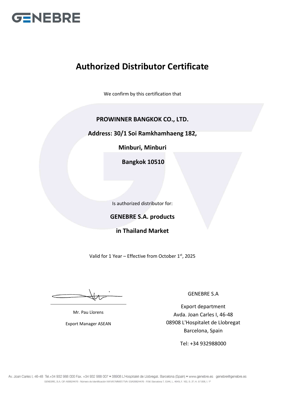 Genebre Authorized Distributor Certificate